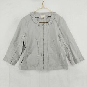 Loft Gray Line Blend Hook Eye Closure-Front 3/4 Sleeve Ruffle Neck Blazer P6153